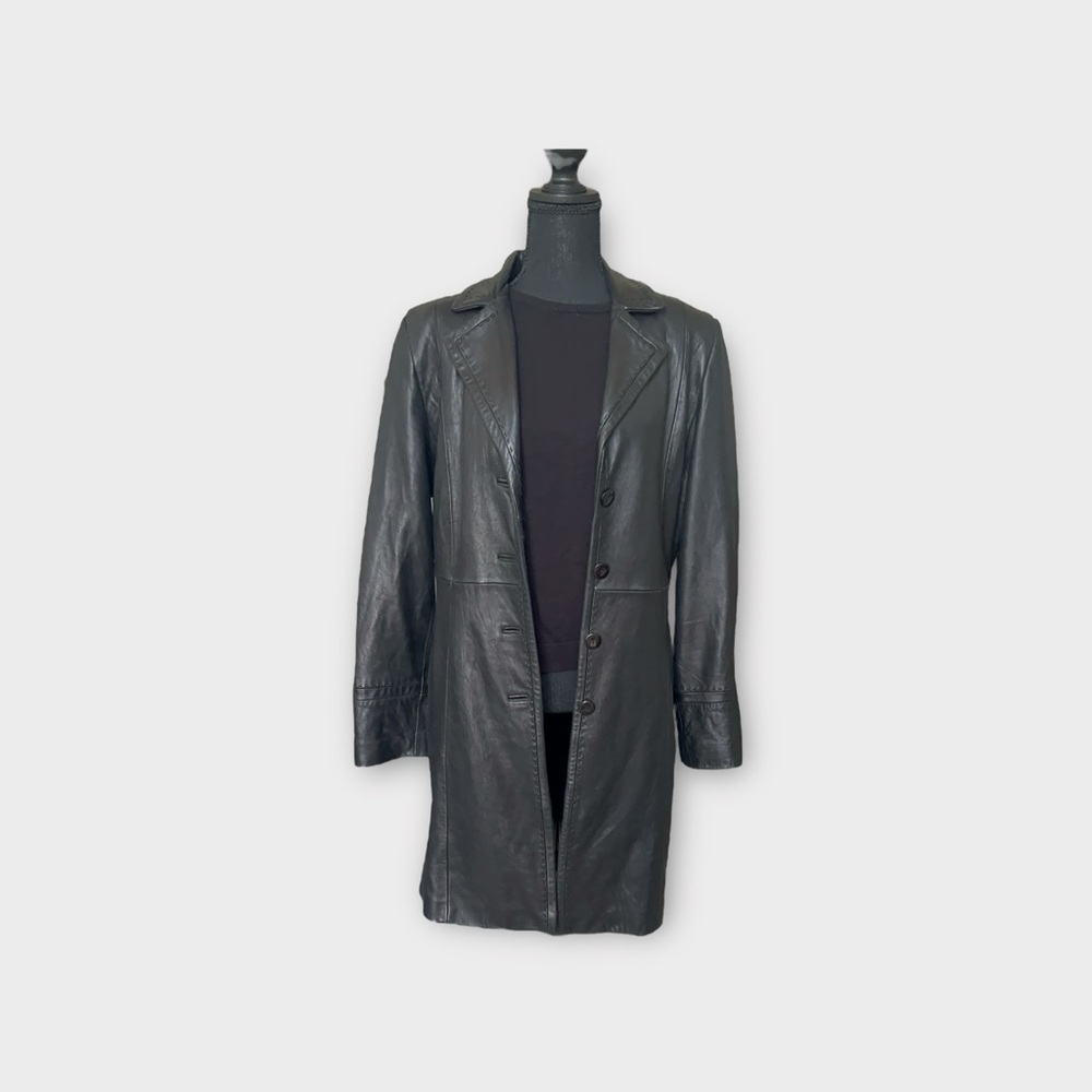 Vintage Jones New York Black Leather Trench Coat - Size Large